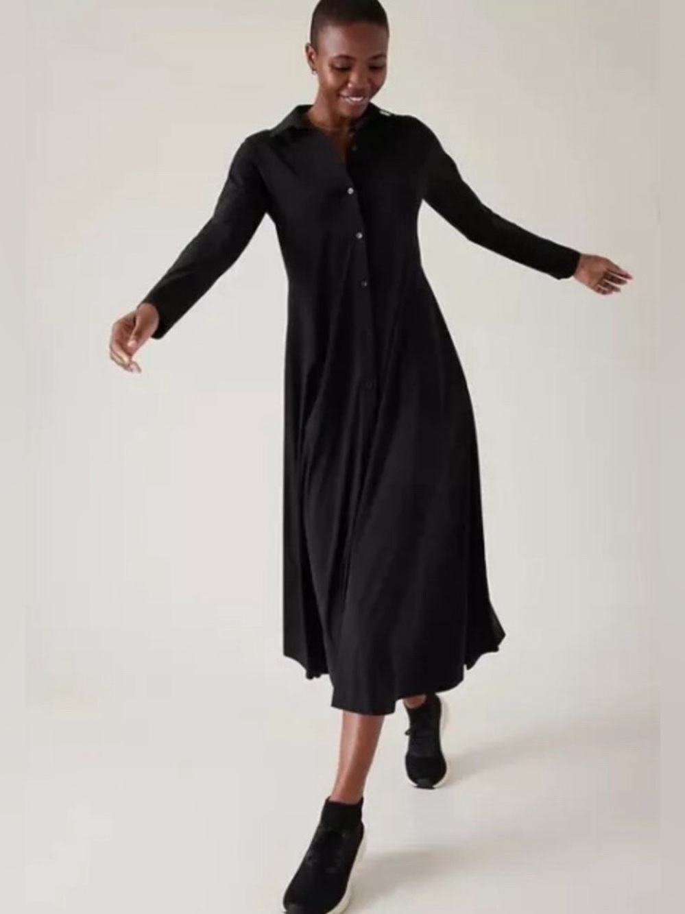 Athleta Cosmic Layer Dress Womens Size Large Black Stretch Button Front